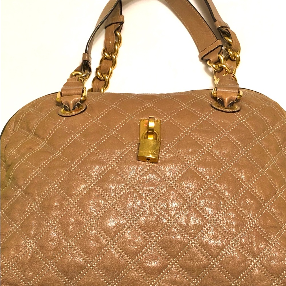 Marc Jacobs Tan Quilted Leather Tote Shoulder Bag Purse Gold Chain